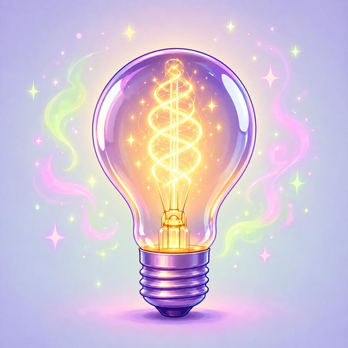 A glowing light bulb with a helix-shaped filament