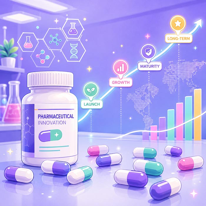 A pharmaceutical product on a development curve from launch to long-term growth
